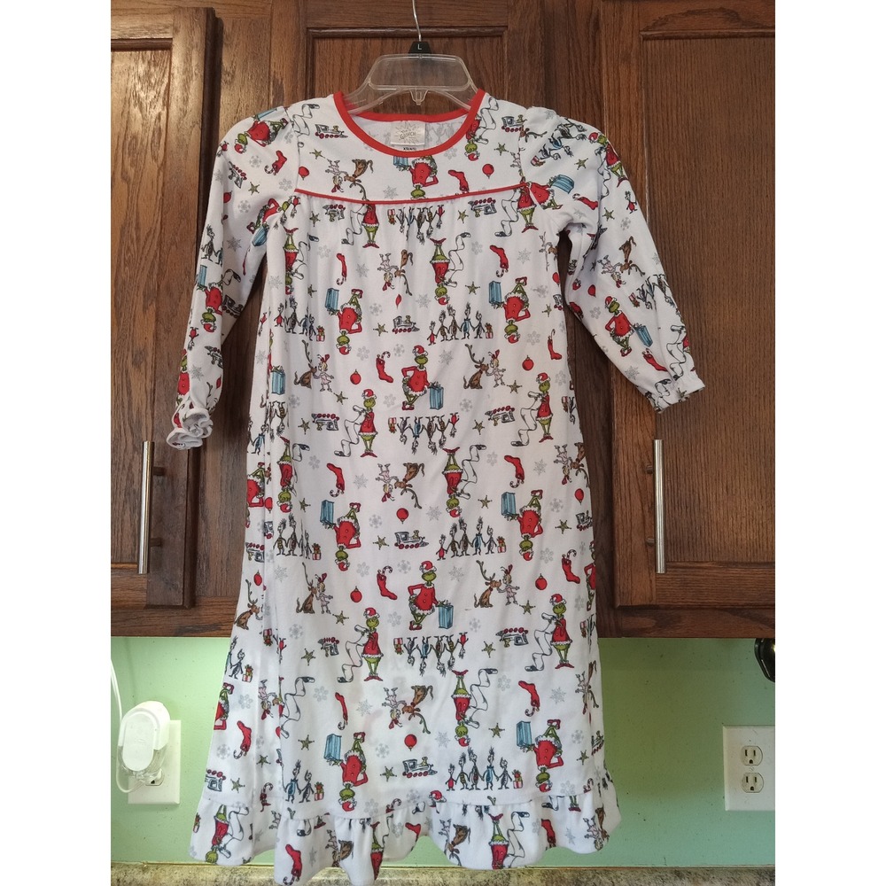 Dr Seuss The Grinch Girls Christmas Fleece Nightgown White Red XS 4 5 Holiday